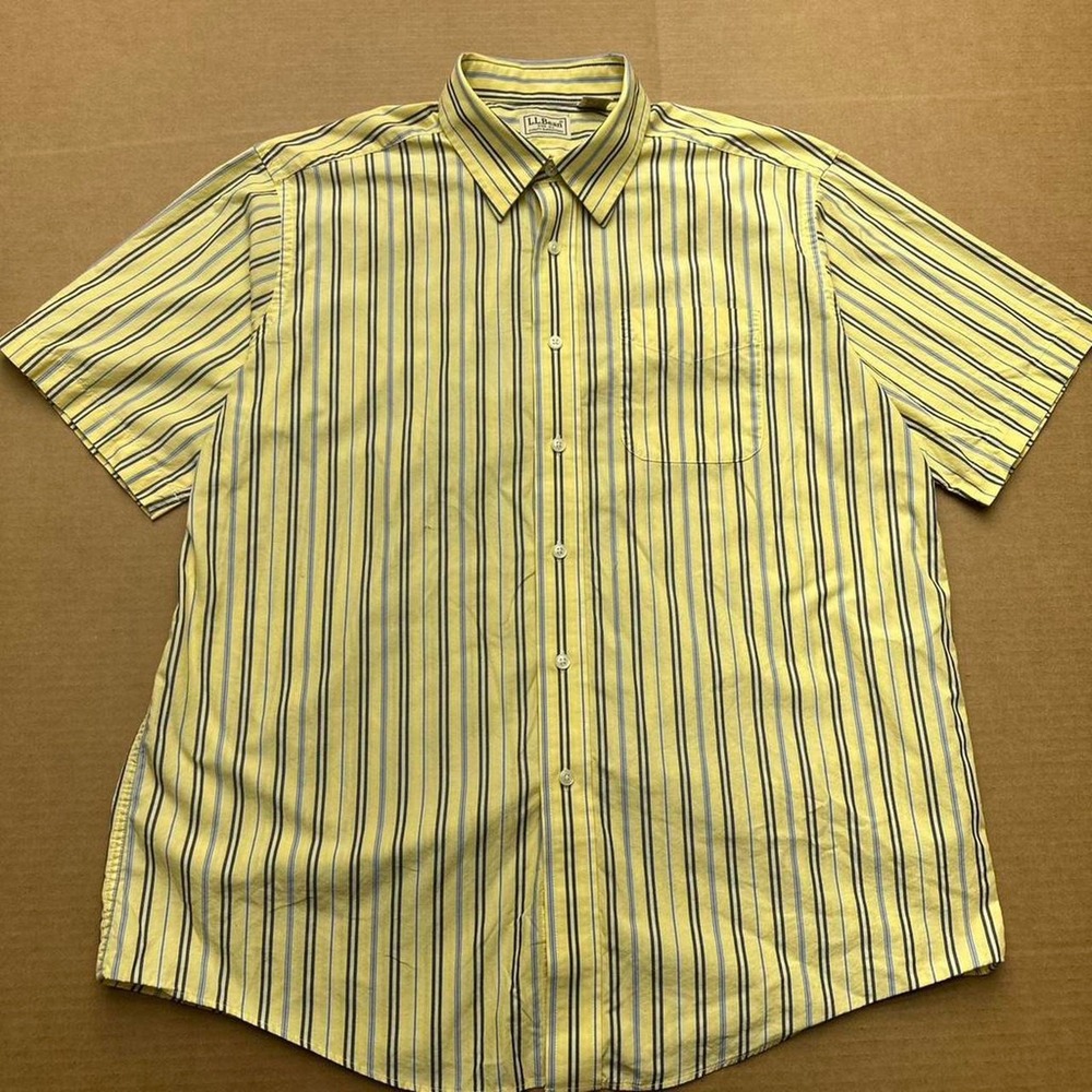 LL Bean Shirt Mens Sz L Yellow Striped Button Up Short Sleeve 100% Cotton Summer